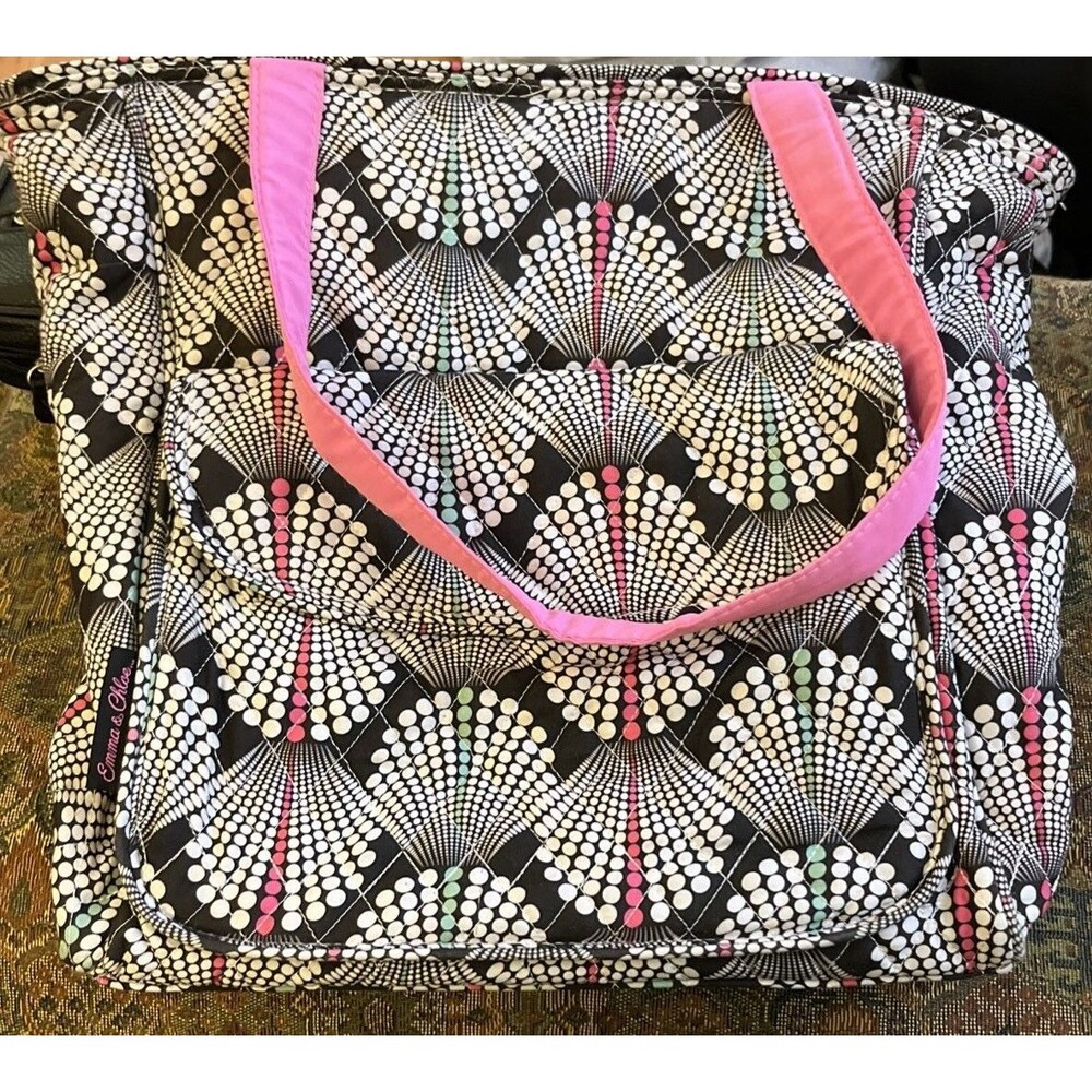 Emma & Chloe Large Quilted Tote Bag - Black & Pink Geometric Fan Print
